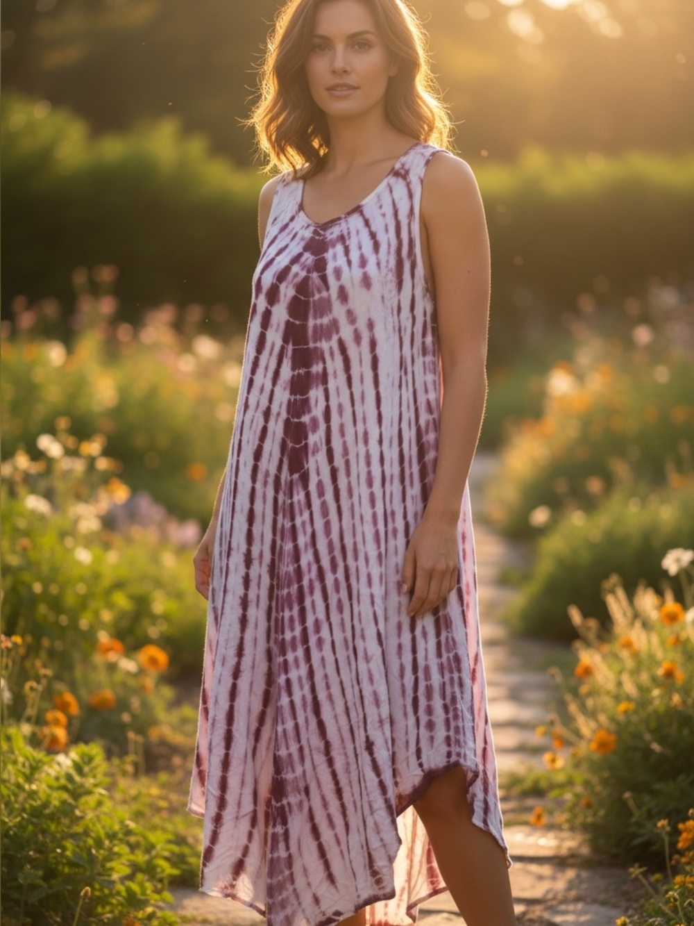 Purple and White Tie-Dye Sleeveless Dress